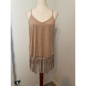 Wrangler Faux Suede Fringe Cami Tank Top Size Medium Tan Boho Western Festival